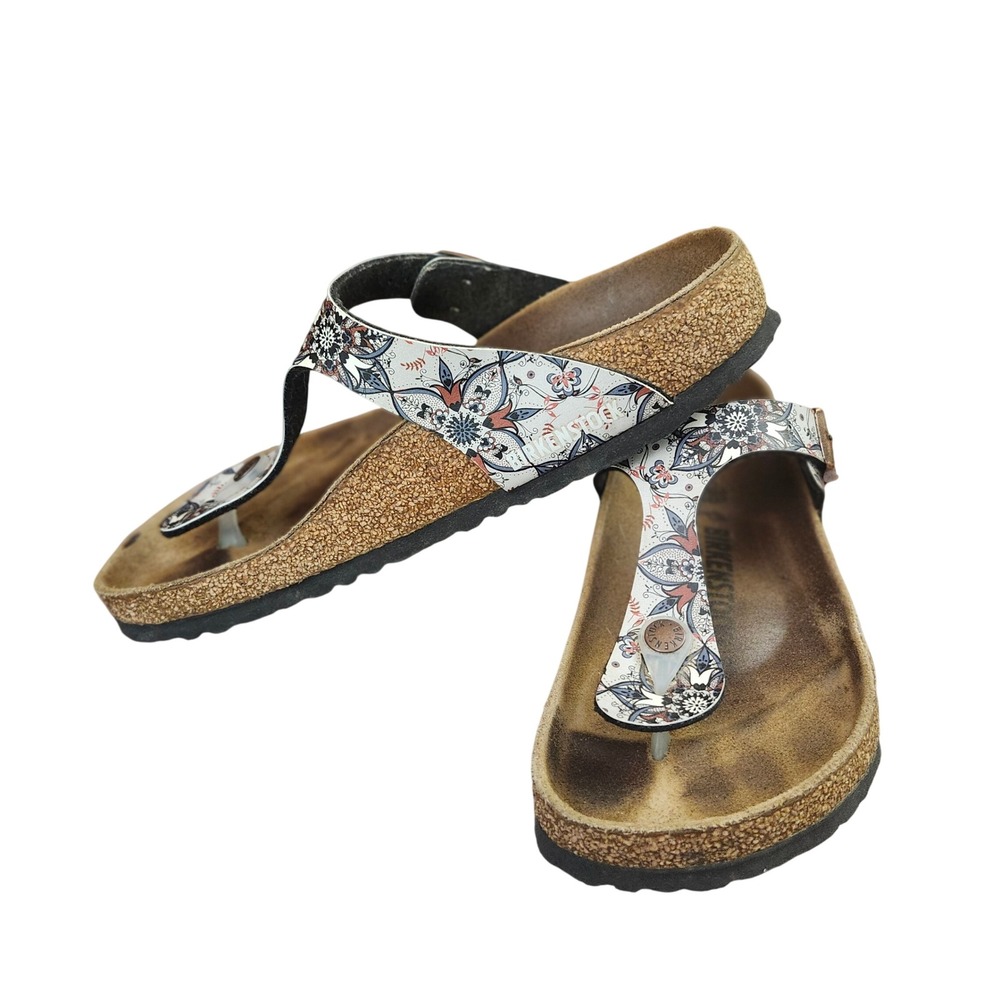 Birkenstock Gizeh Floral Mandala Print Thong Sandals White Blue Red L 38/7